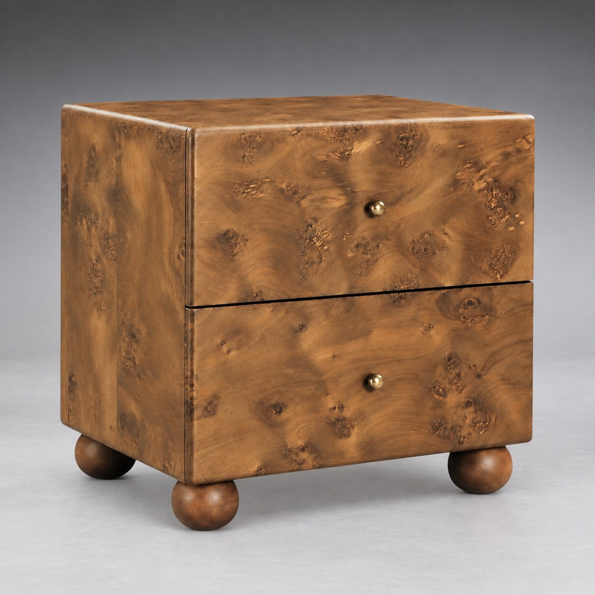 Burl Wood Bedside Table with Brass Accents