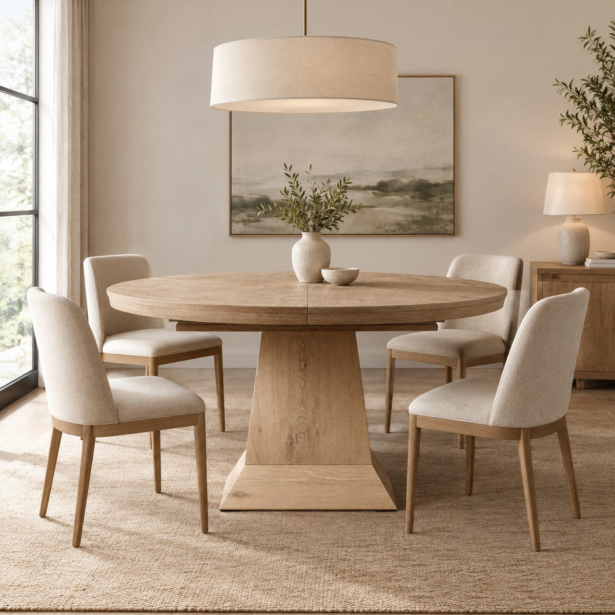 Round Oak Extension Dining Table with Leaves