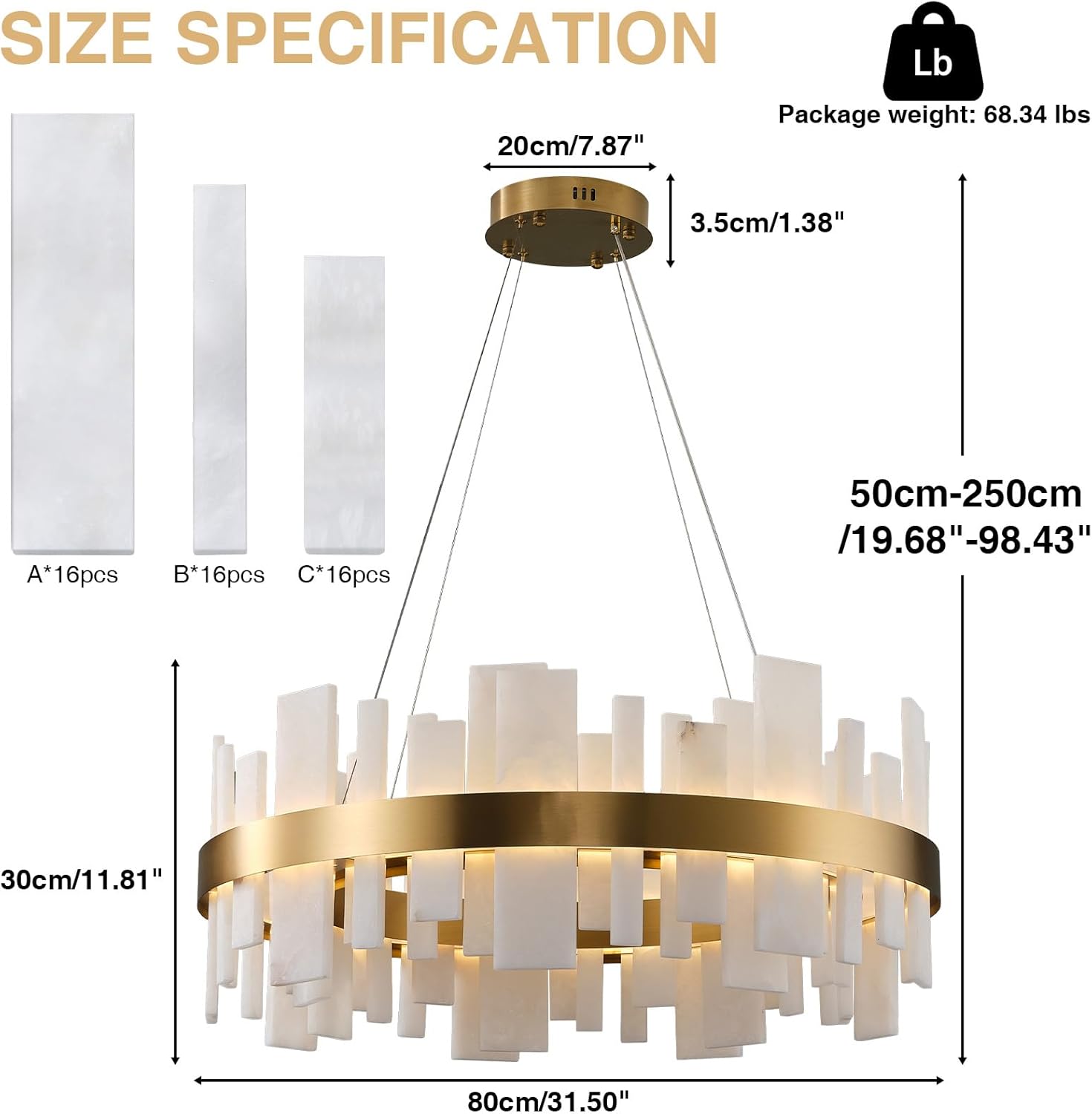 Adjustable Luxury Alabaster Round Chandelier – 31.5in Natural Stone