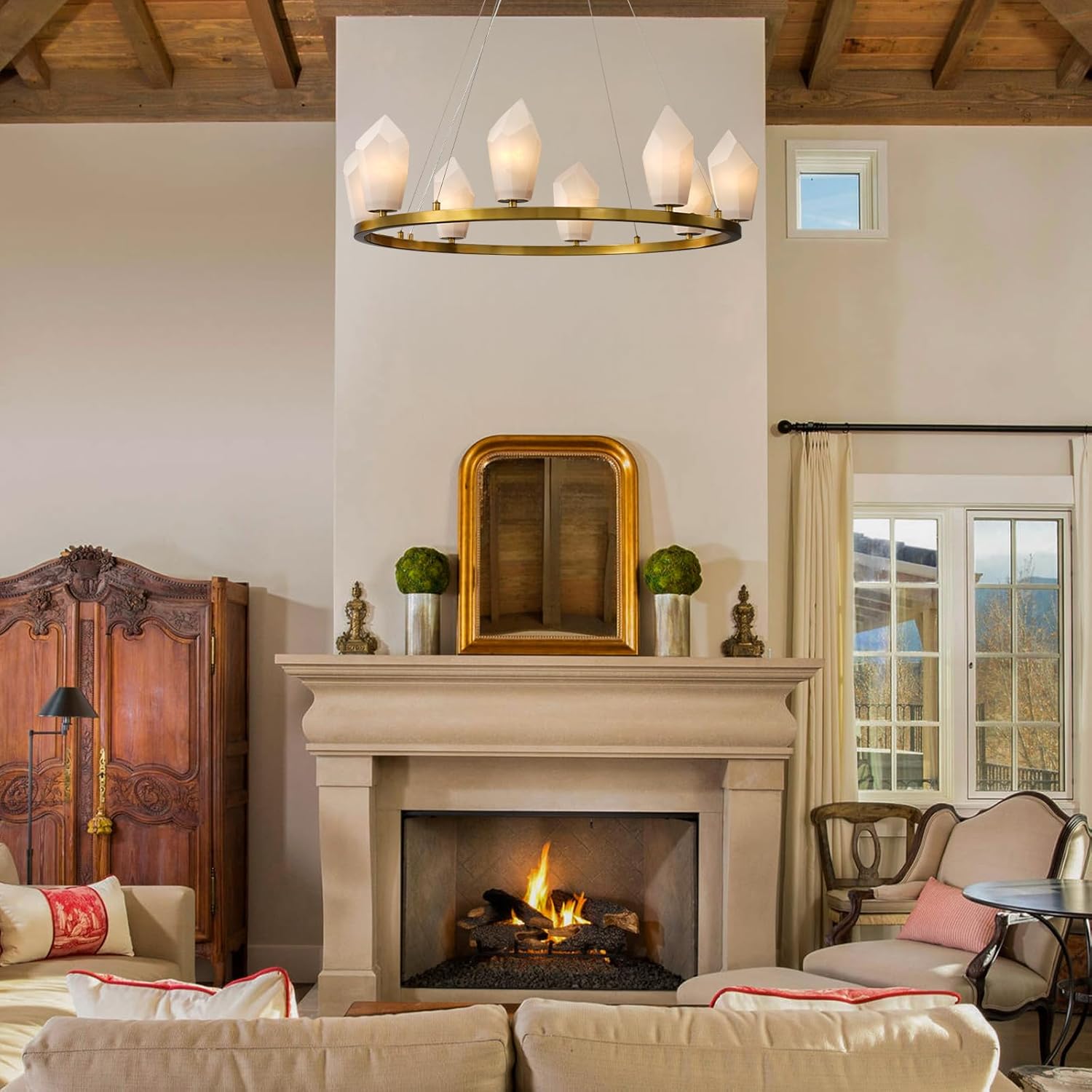 Alabaster 31.5" 8-Light Round Gold Chandelier with Adjustable Height