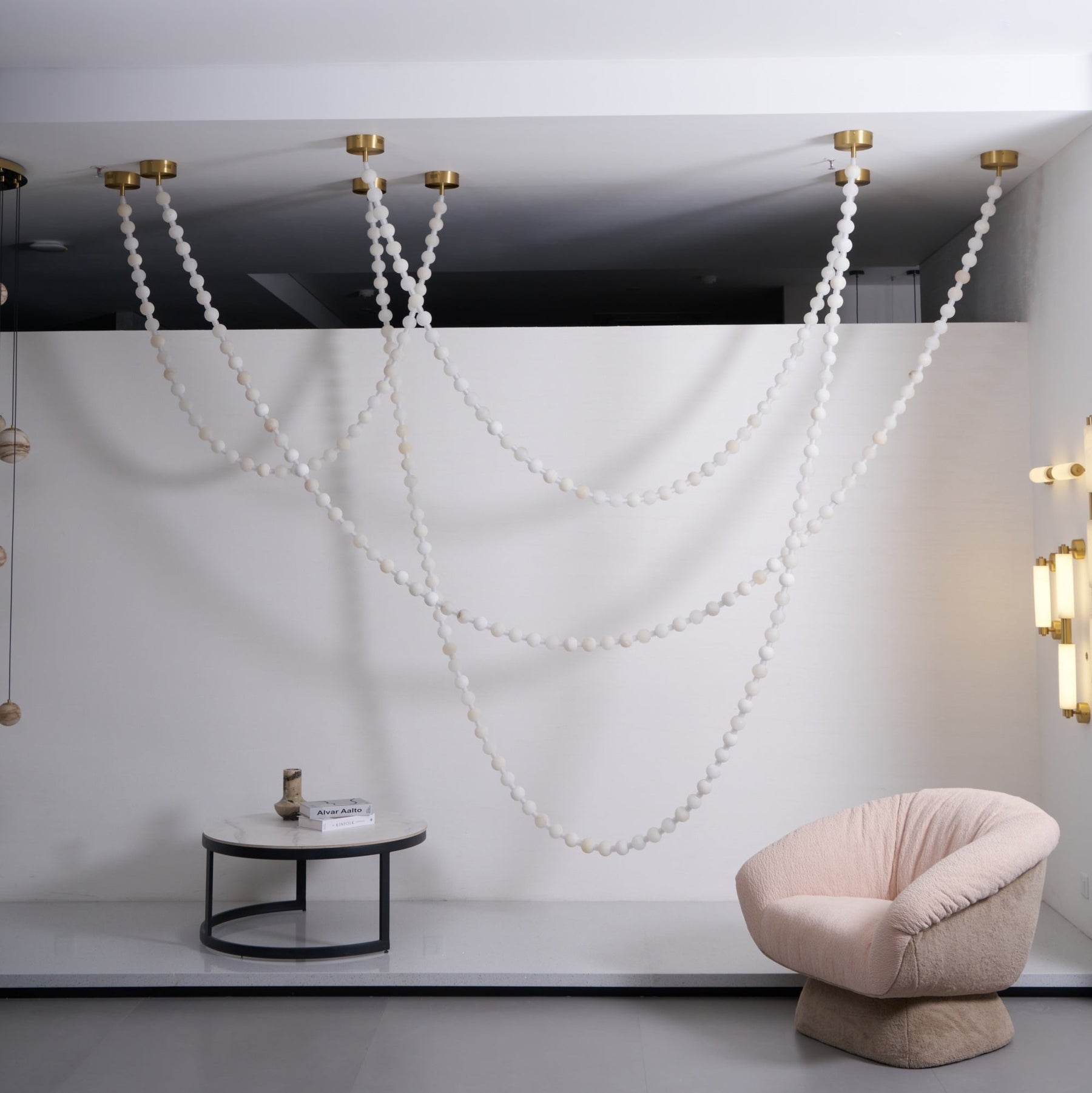 Alabaster Pearl Necklace Chandelier - 4 - Strips L 145.7″ + 116.9″ + 220.5″ + 244.9″Gold & WhiteMerlinlamps