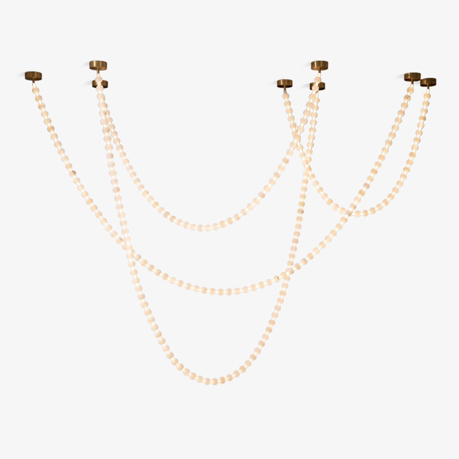 Alabaster Pearl Necklace Chandelier - 4 - Strips L 145.7″ + 116.9″ + 220.5″ + 244.9″Gold & WhiteMerlinlamps