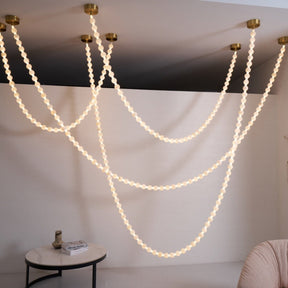 Alabaster Pearl Necklace Chandelier - 4 - Strips L 145.7″ + 116.9″ + 220.5″ + 244.9″Gold & WhiteMerlinlamps