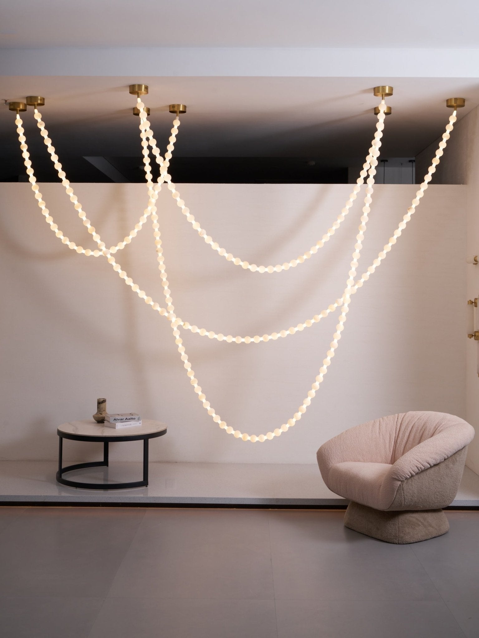 Alabaster Pearl Necklace Chandelier - 4 - Strips L 145.7″ + 116.9″ + 220.5″ + 244.9″Gold & WhiteMerlinlamps