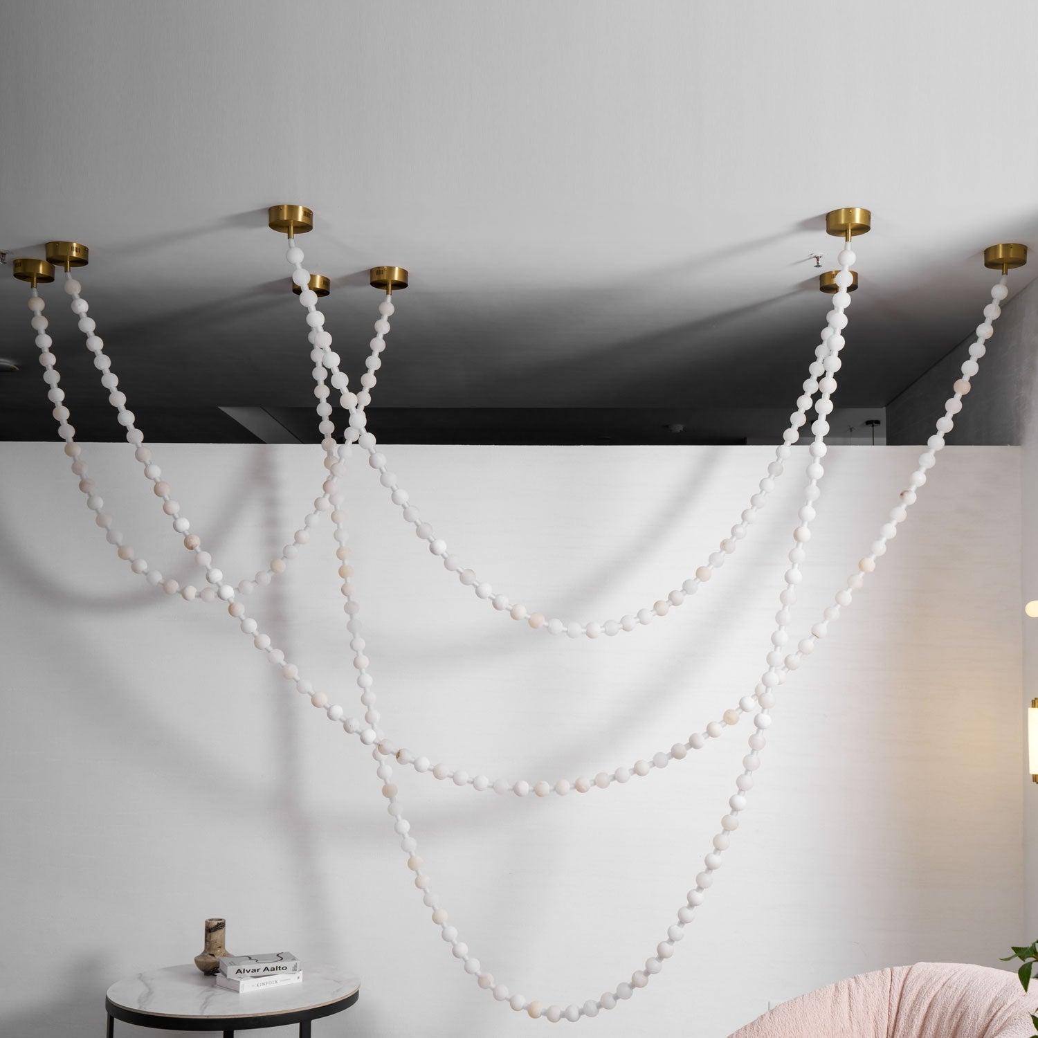Alabaster Pearl Necklace Chandelier - 4 - Strips L 145.7″ + 116.9″ + 220.5″ + 244.9″Gold & WhiteMerlinlamps