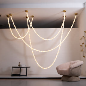 Alabaster Pearl Necklace Chandelier - 4 - Strips L 145.7″ + 116.9″ + 220.5″ + 244.9″Gold & WhiteMerlinlamps