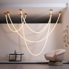Alabaster Pearl Necklace Chandelier - 4 - Strips L 145.7″ + 116.9″ + 220.5″ + 244.9″Gold & WhiteMerlinlamps