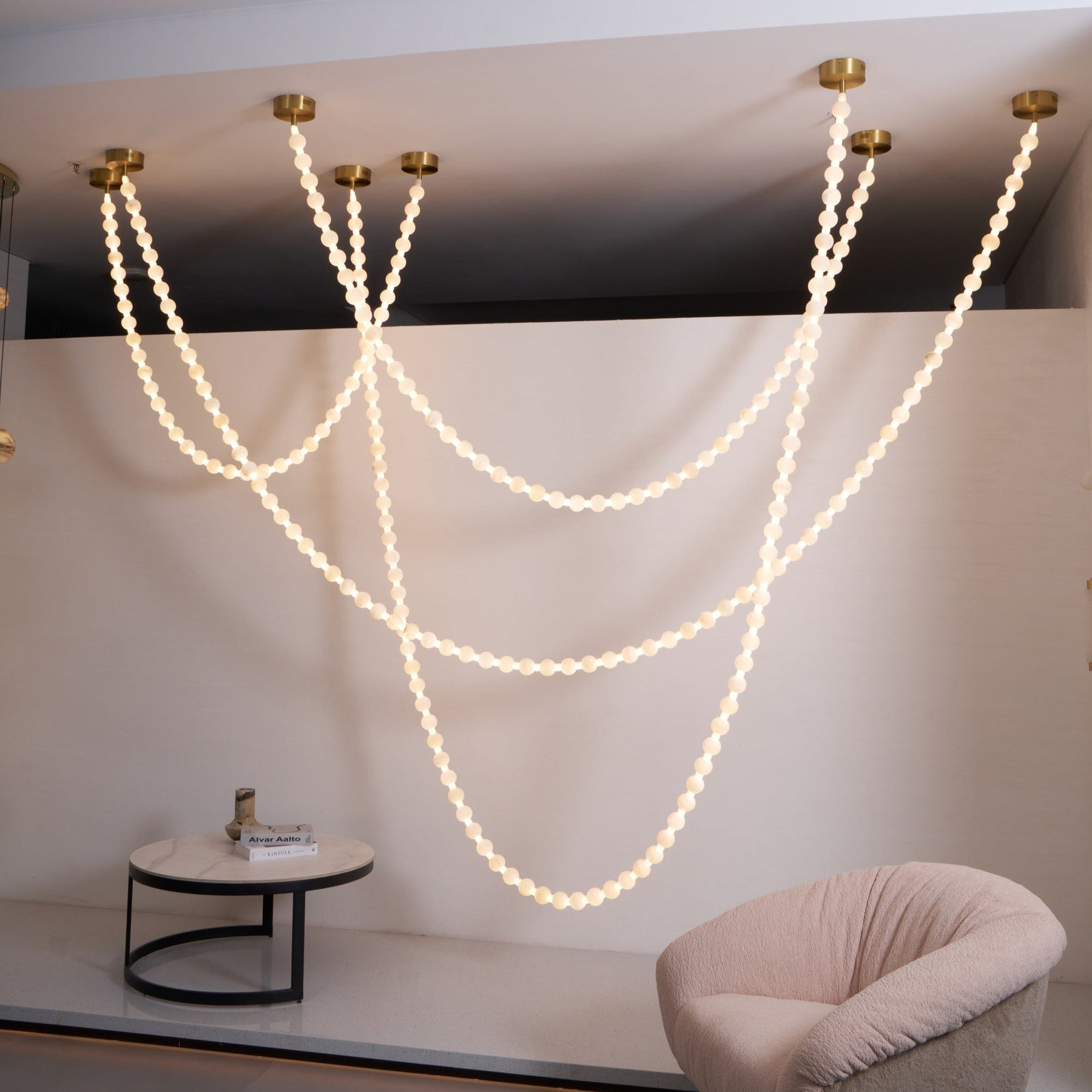 Alabaster Pearl Necklace Chandelier - 4 - Strips L 145.7″ + 116.9″ + 220.5″ + 244.9″Gold & WhiteMerlinlamps