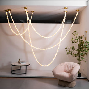 Alabaster Pearl Necklace Chandelier - 4 - Strips L 145.7″ + 116.9″ + 220.5″ + 244.9″Gold & WhiteMerlinlamps