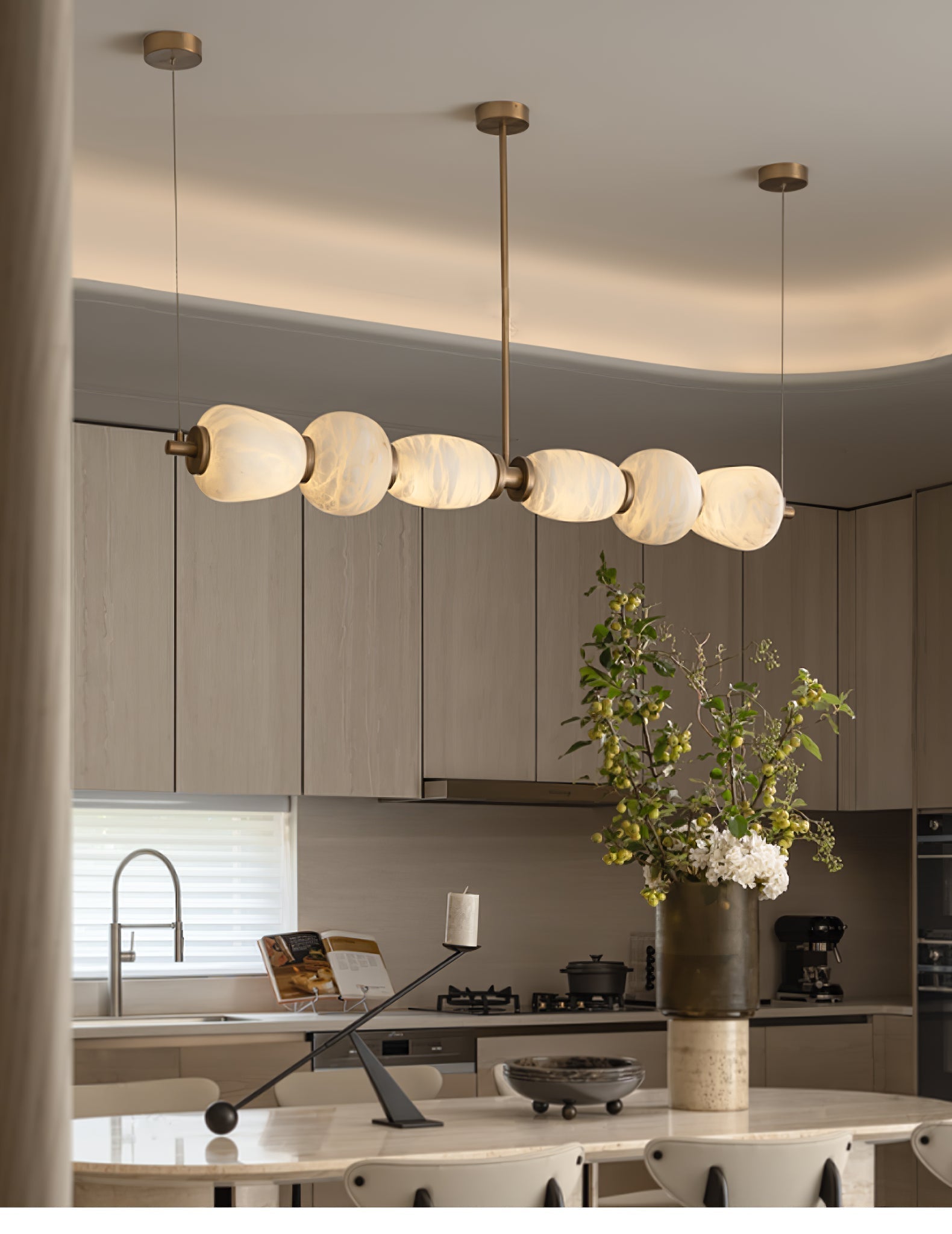Alabaster Pebble Linear Chandelier - L 53.1″ x W 5.5″ x H 59.1″Gold & WhiteWarm LightBlushlighting