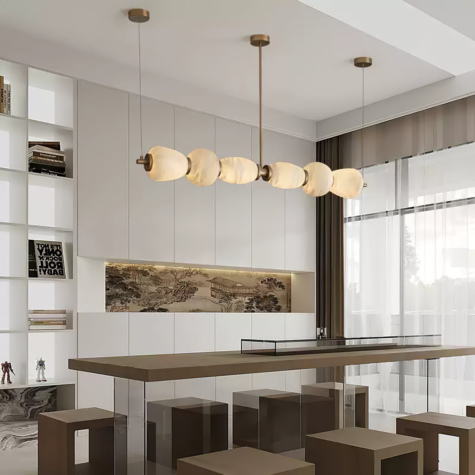Alabaster Pebble Linear Chandelier - L 53.1″ x W 5.5″ x H 59.1″Gold & WhiteWarm LightBlushlighting