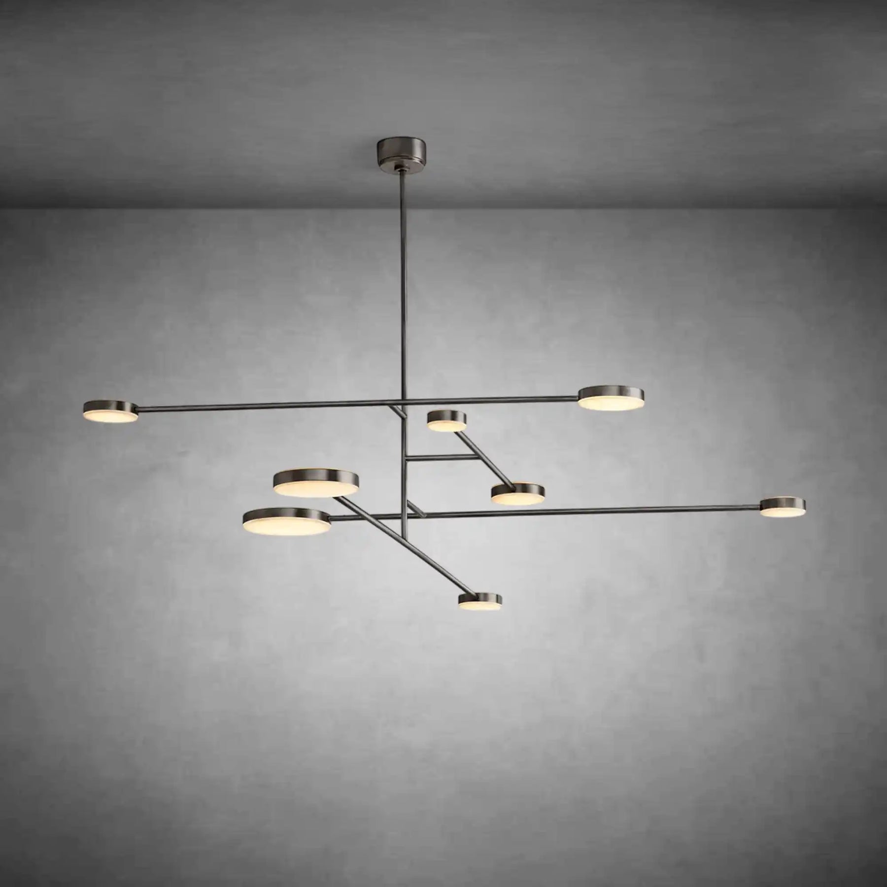 Modern bronze mobile chandelier featuring extended arms in 72 inches