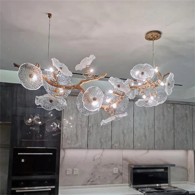 Aruna Modern Leaf Glass Flower Linear Branch Chandelier, Island Chandelier