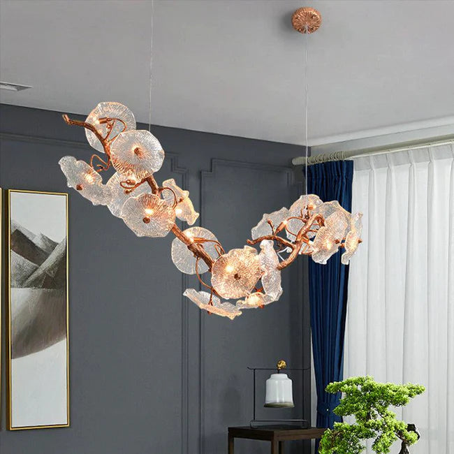 Aruna Modern Leaf Glass Flower Linear Branch Chandelier, Island Chandelier