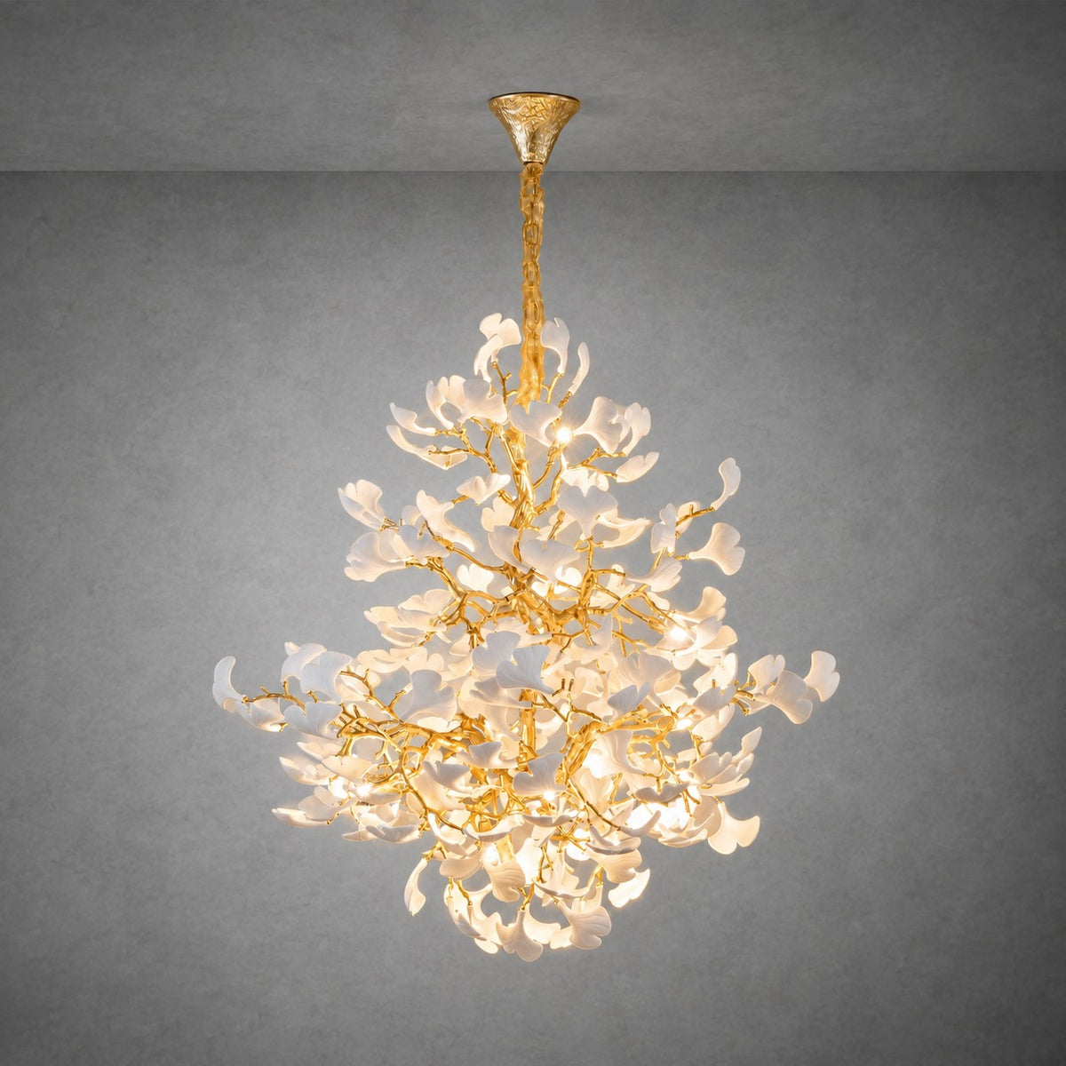 Moon Ring Ceramic Ginkgo Leaf Staircase Chandelier D1200 - Gold