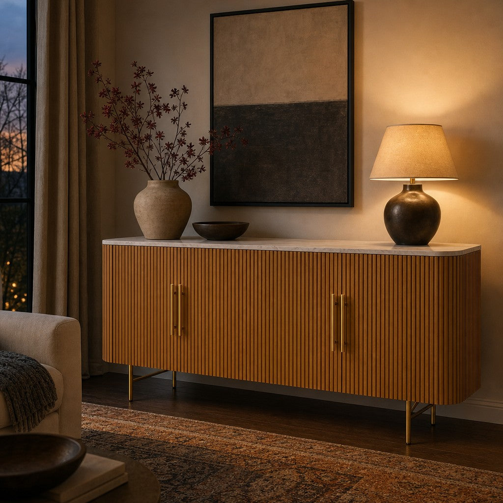 Reeded Wood Credenza With Marble Or Bluestone Top