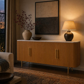 Reeded Wood Credenza With Marble Or Bluestone Top