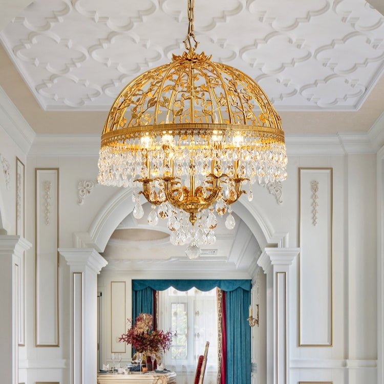 Baroque Luxury Full Copper Crystal Pendent Candle Chandelier for Entryway/Foyer/Dining Room