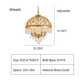 6Heads: D23.6"*H29.5" chandelier,chandeliers,gold,brass,crystal pendant,candle,branch,leaf,copper,hallway,entrys,living room,bedroom,dining table,vintage