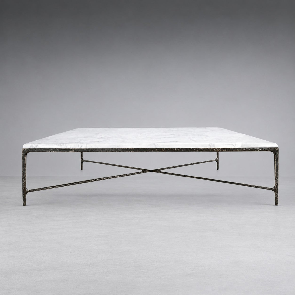 Square Hammered Metal and Marble Coffee Table