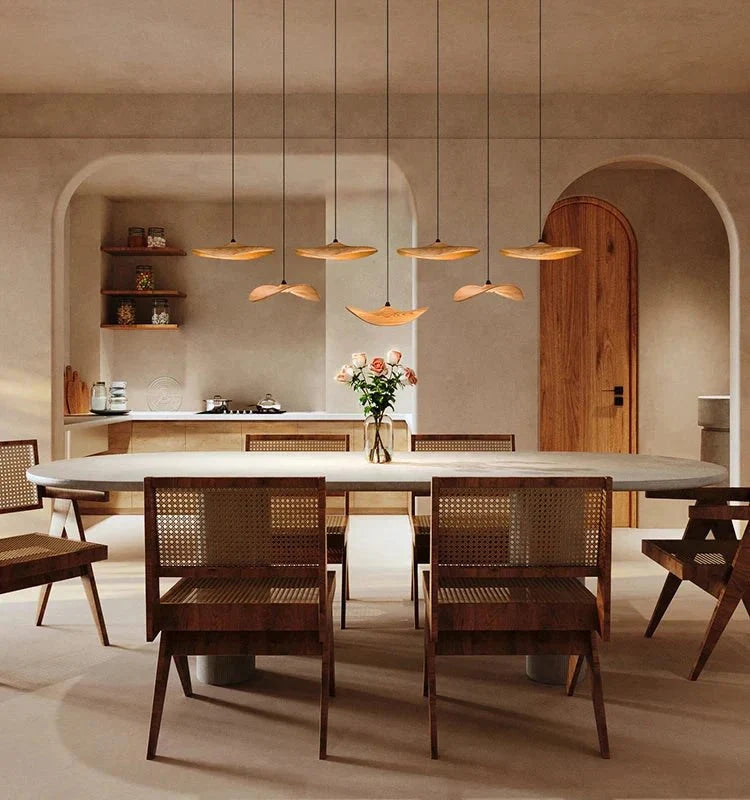 Bidi Multi Light Pendant Chandelier - Dark WoodLong 7 LightBlushlighting