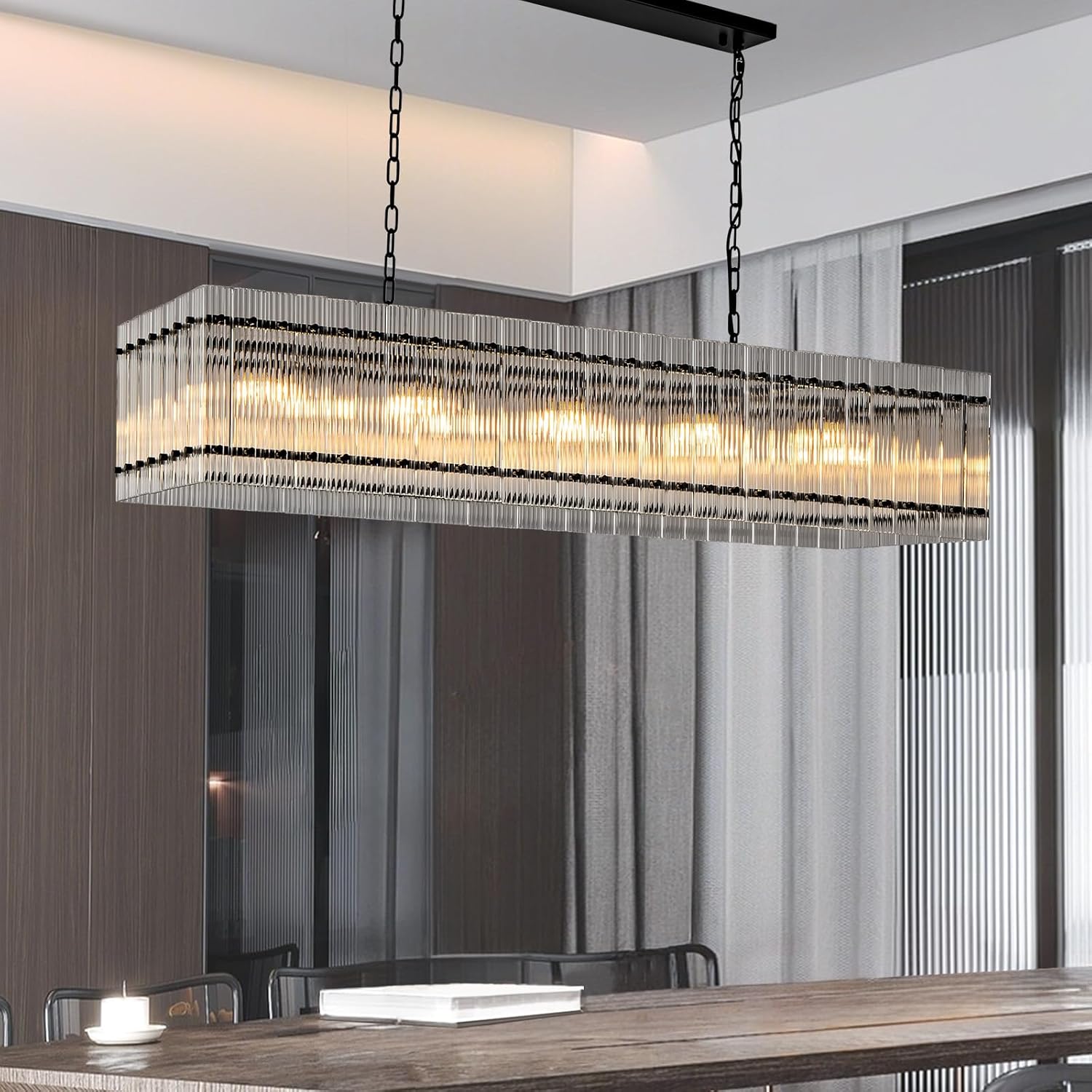 Black Chandeliers for Dining Room,55''Kitchen Island Lighting, Rectangular Water Ripple Glass Chandeliers