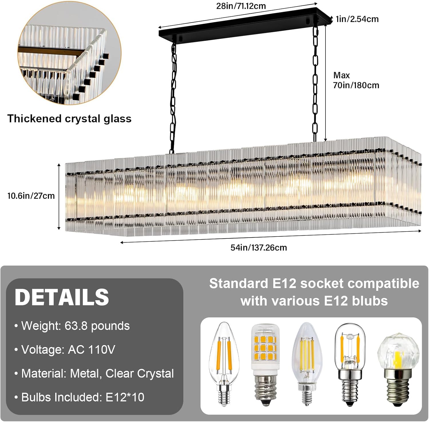Black Chandeliers for Dining Room,55''Kitchen Island Lighting, Rectangular Water Ripple Glass Chandeliers