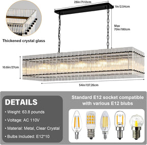 Black Chandeliers for Dining Room,55''Kitchen Island Lighting, Rectangular Water Ripple Glass Chandeliers
