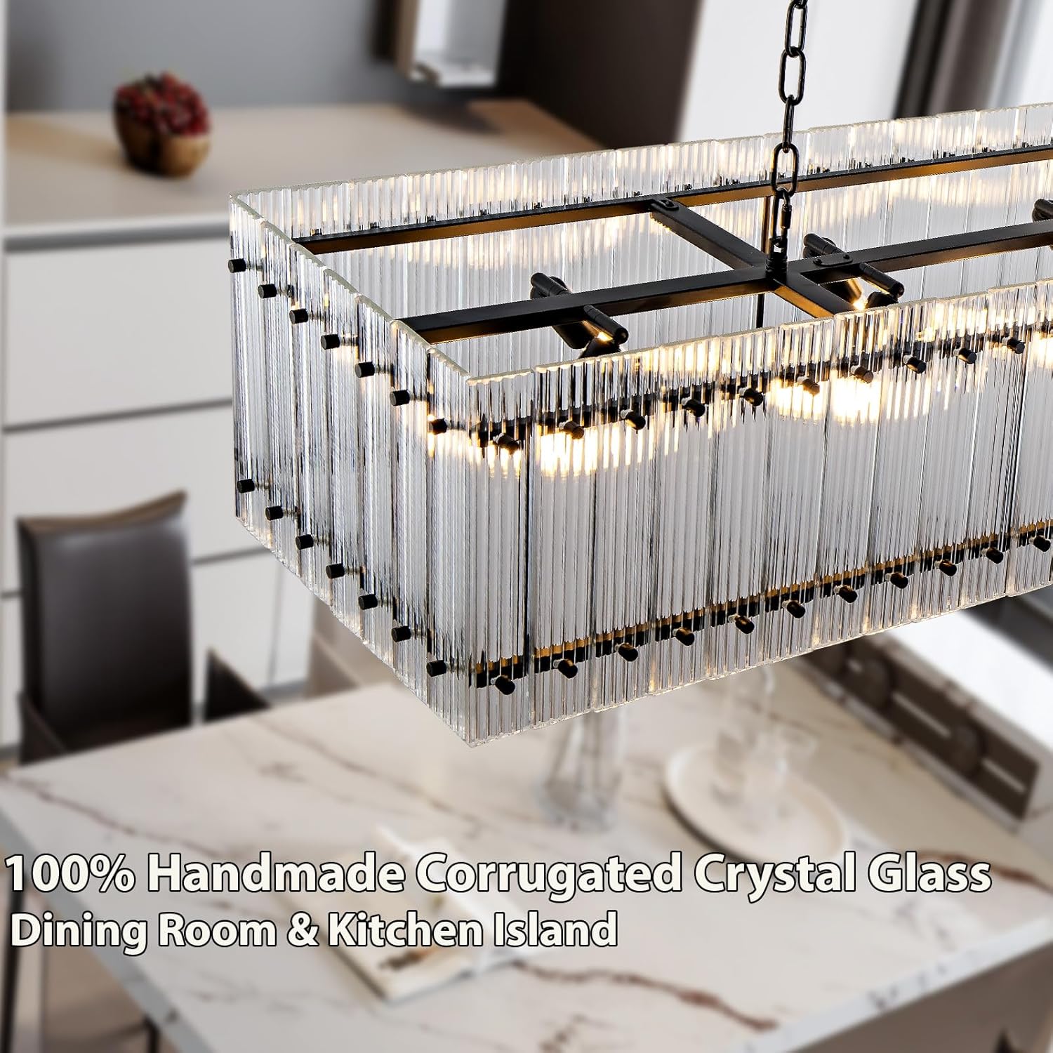 Black Chandeliers for Dining Room,55''Kitchen Island Lighting, Rectangular Water Ripple Glass Chandeliers