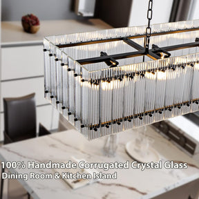 Black Chandeliers for Dining Room,55''Kitchen Island Lighting, Rectangular Water Ripple Glass Chandeliers