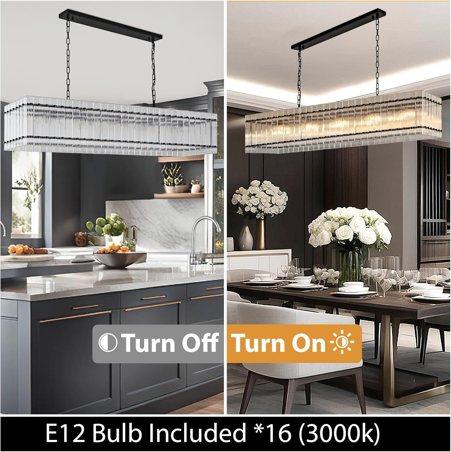 Black Chandeliers for Dining Room,55''Kitchen Island Lighting, Rectangular Water Ripple Glass Chandeliers