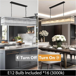Black Chandeliers for Dining Room,55''Kitchen Island Lighting, Rectangular Water Ripple Glass Chandeliers