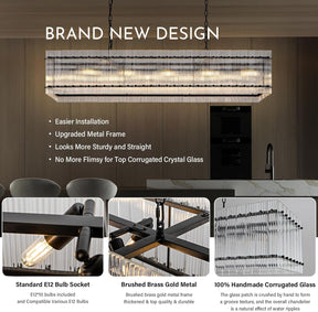 Black Chandeliers for Dining Room,55''Kitchen Island Lighting, Rectangular Water Ripple Glass Chandeliers