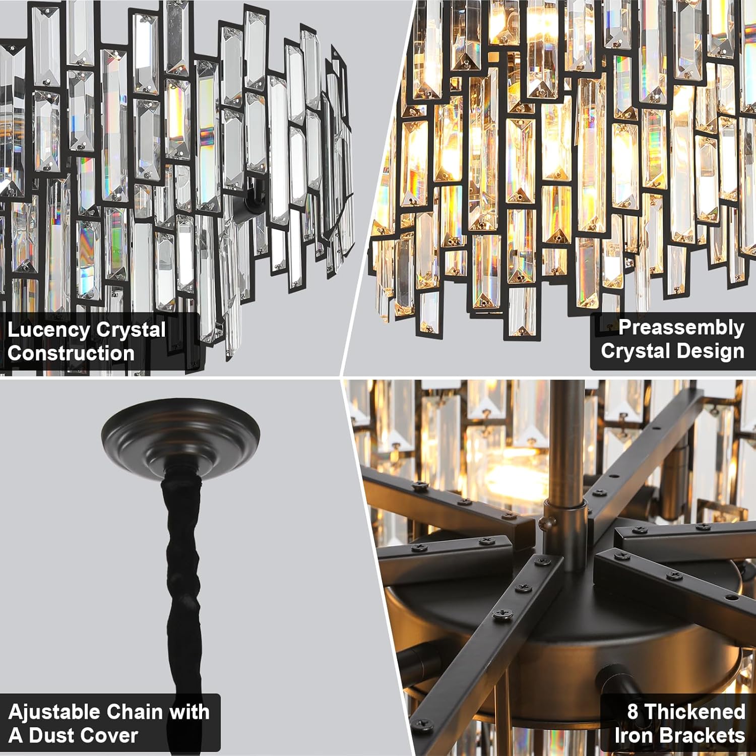 Black Crystal Chandelier 3-Tier Modern Round K9 Pendant Light for High Ceilings
