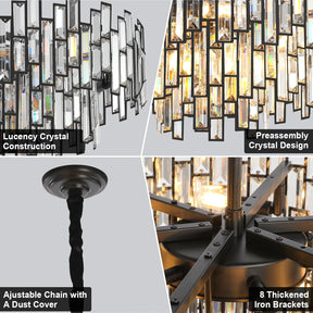Black Crystal Chandelier 3-Tier Modern Round K9 Pendant Light for High Ceilings