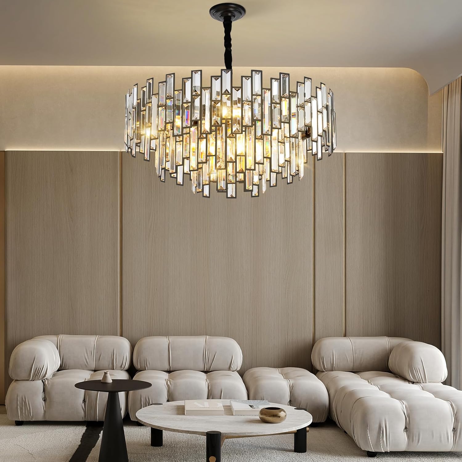 Black Crystal Chandelier 3-Tier Modern Round K9 Pendant Light for High Ceilings