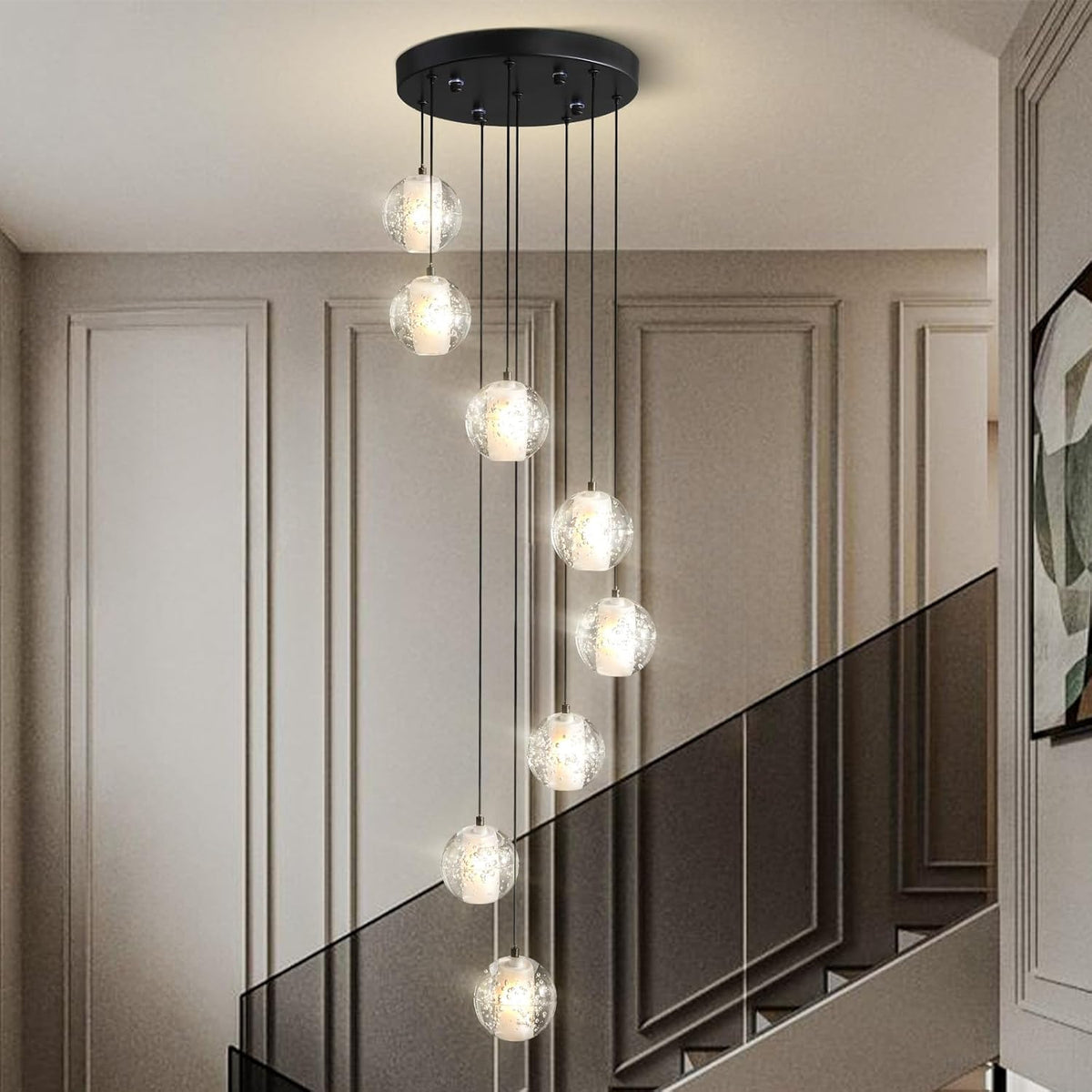 Black Crystal Staircase Chandelier with Adjustable Height and 8 Lights
