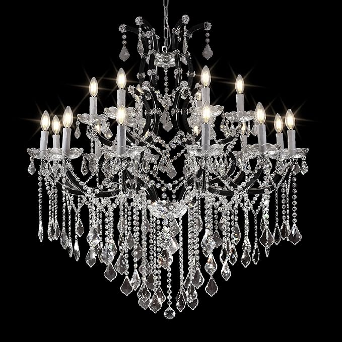 Black Large K9 Crystal Chandelier 18-Lighting Maria Theresa Chandeliers Luxury Modern High Ceiling Candle Chandelier Pendant Light Fixture 41" for Living Room, Dining, Foyer, Staircase, Entryway