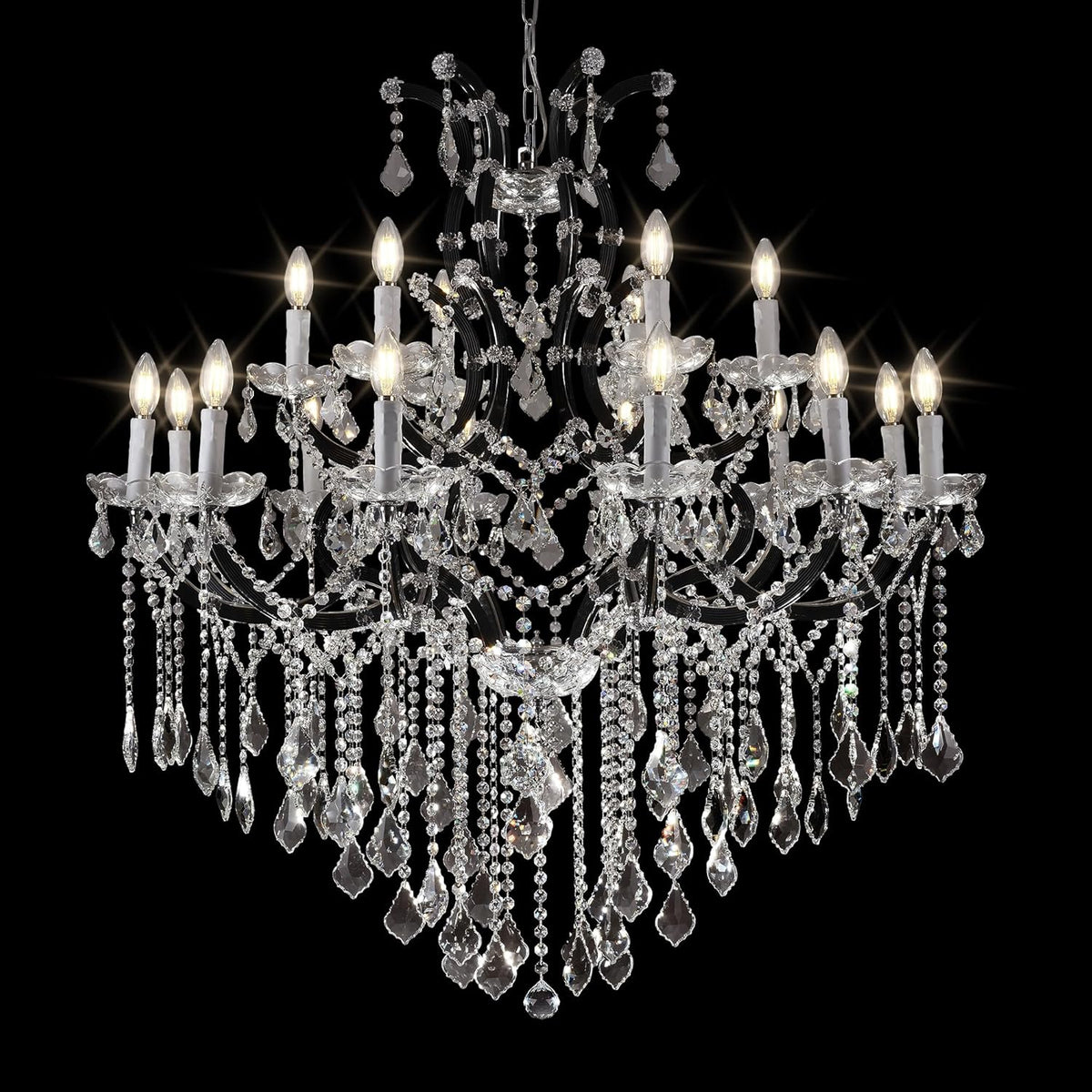 Black Large K9 Crystal Chandelier 18-Lighting Maria Theresa Chandeliers Luxury Modern High Ceiling Candle Chandelier Pendant Light Fixture 41" for Living Room, Dining, Foyer, Staircase, Entryway