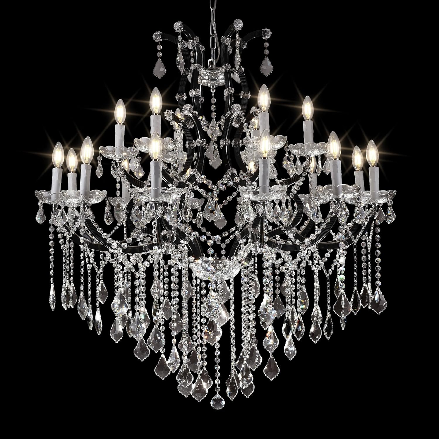Black Large K9 Crystal Chandelier 18-Lighting Maria Theresa Chandeliers Luxury Modern High Ceiling Candle Chandelier Pendant Light Fixture 41" for Living Room, Dining, Foyer, Staircase, Entryway