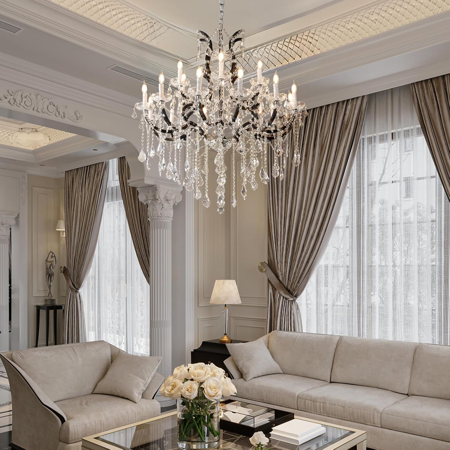 Black Large K9 Crystal Chandelier 18-Lighting Maria Theresa Chandeliers Luxury Modern High Ceiling Candle Chandelier Pendant Light Fixture 41" for Living Room, Dining, Foyer, Staircase, Entryway