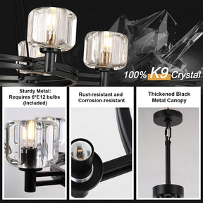 Black Round 36" K9 Crystal Chandelier with Adjustable Height