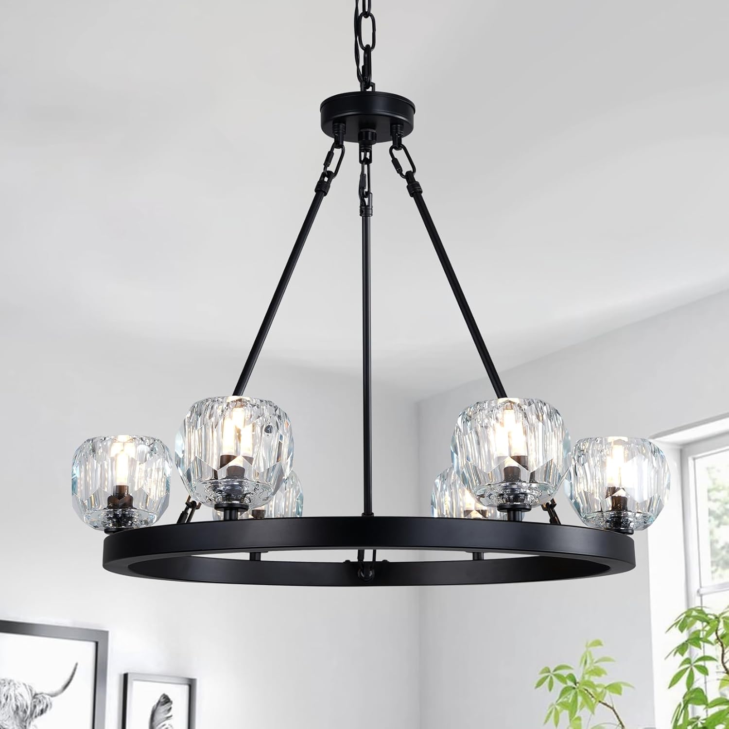 YUYI Black Wagon Wheel Crystal Chandelier 23-Inch 6-Light Farmhouse