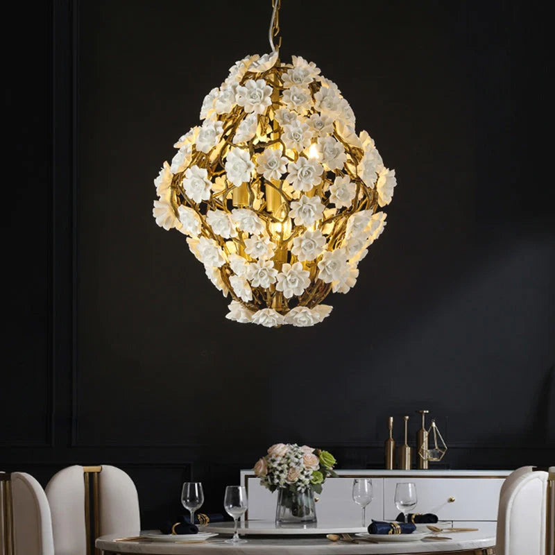 Brass and Ceramic Flower Art Chandelier Post Modern Light Luxury Style for Living and Dining Areas