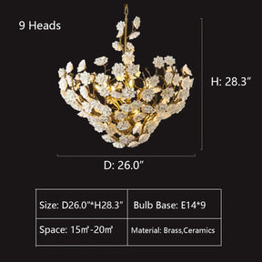 Brass and Ceramic Flower Art Chandelier Post Modern Light Luxury Style for Living and Dining Areas