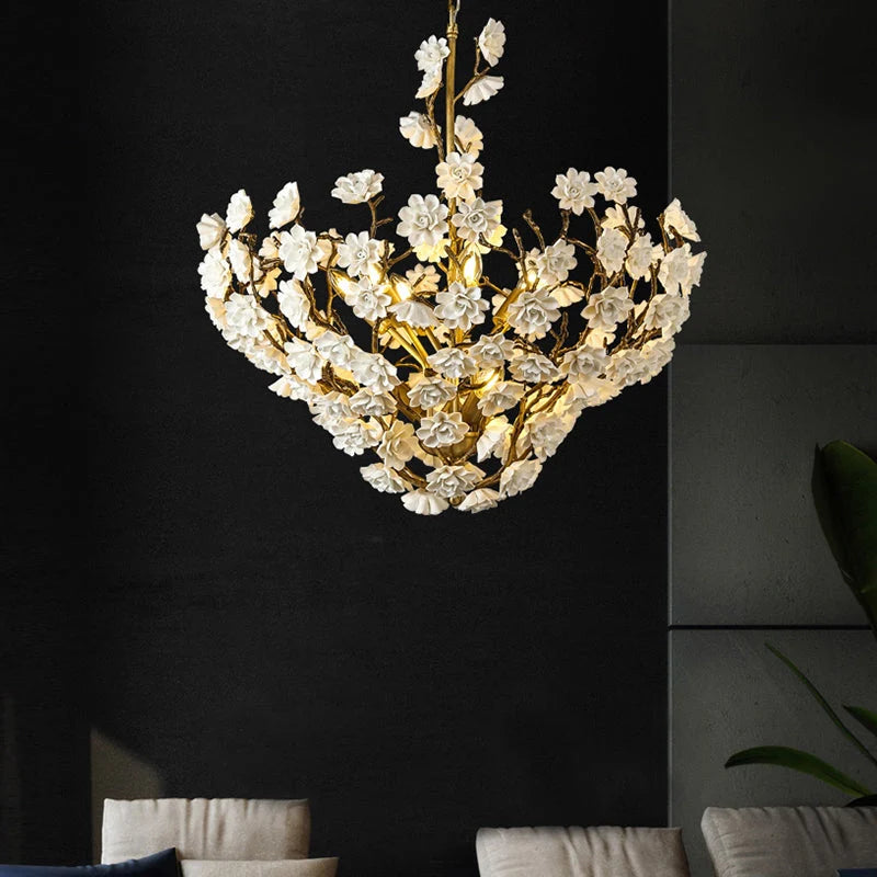 Brass and Ceramic Flower Art Chandelier Post Modern Light Luxury Style for Living and Dining Areas