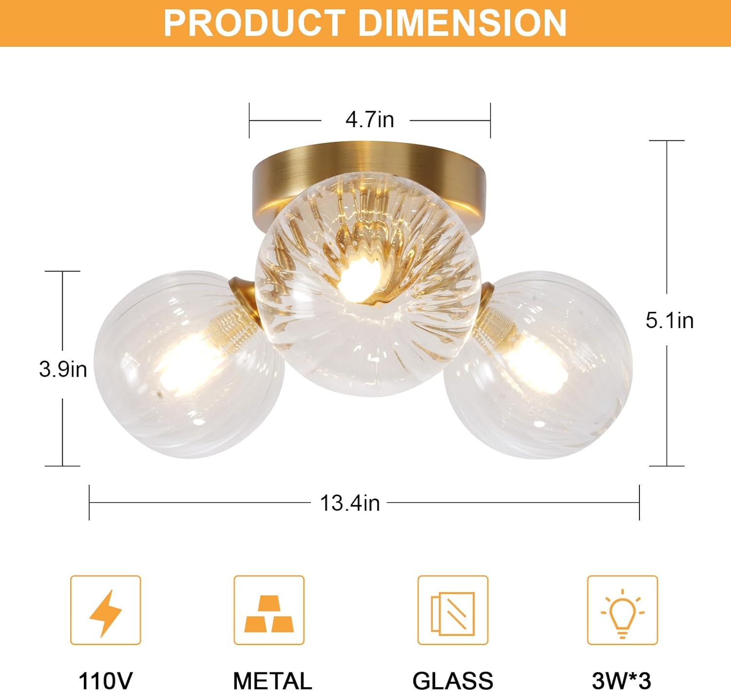 Bubble Ball Swirled Glass Chandelier 3-Light Semi Flush Mount Ceiling Mid Century Light Fixture