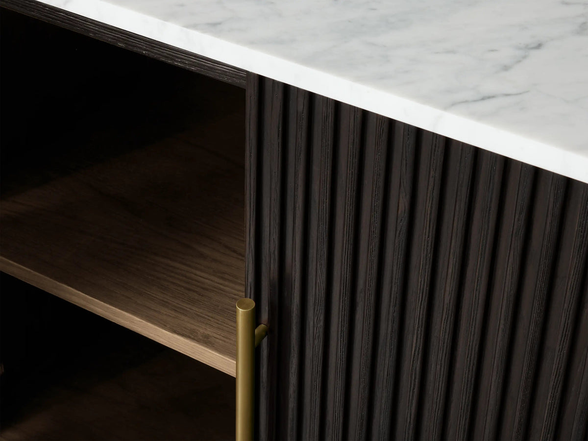 Reeded Wood Credenza With Marble Or Bluestone Top