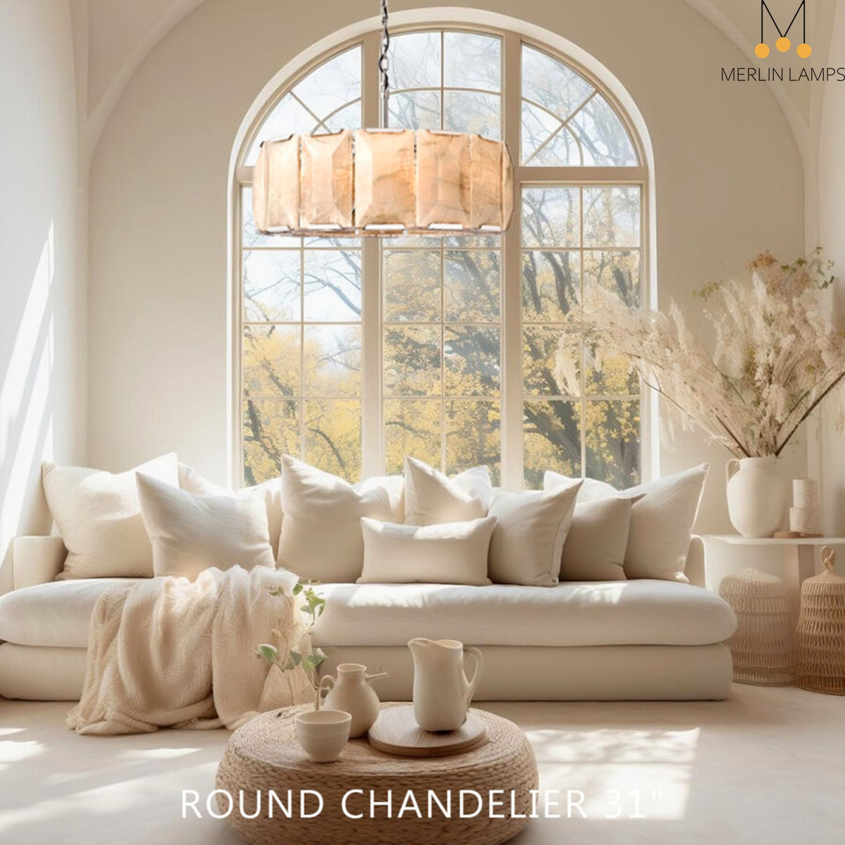 Charles Multicurve Calcite Round Chandelier, Modern Illuminate Lamp for Living Room