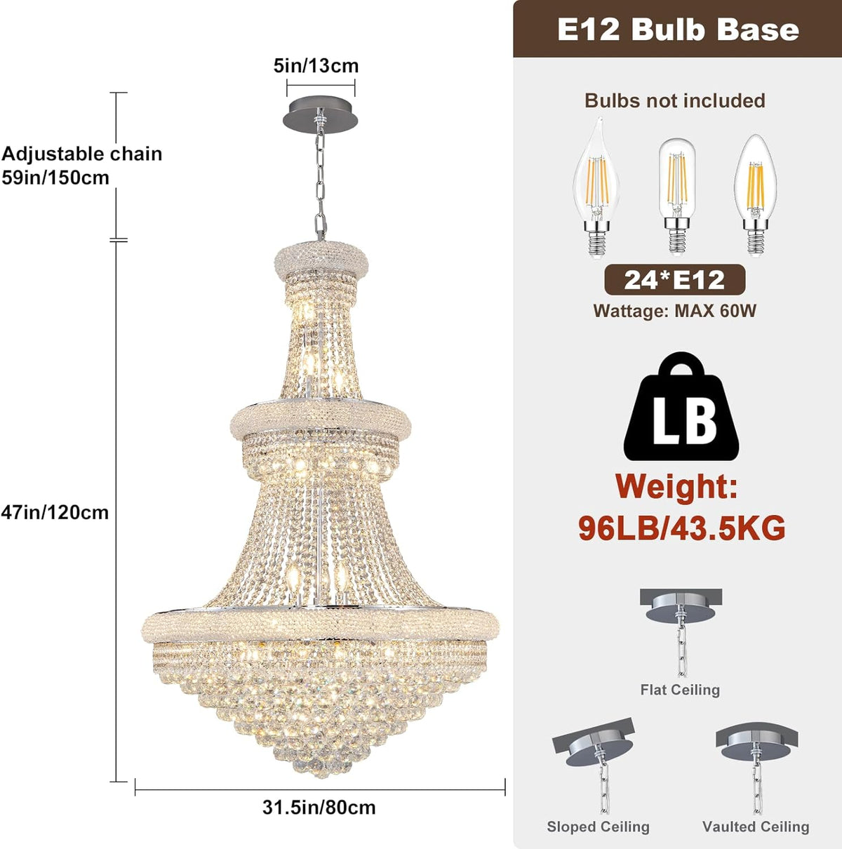 BEIRIO Chrome 24-Light Crystal Chandelier for High Ceilings